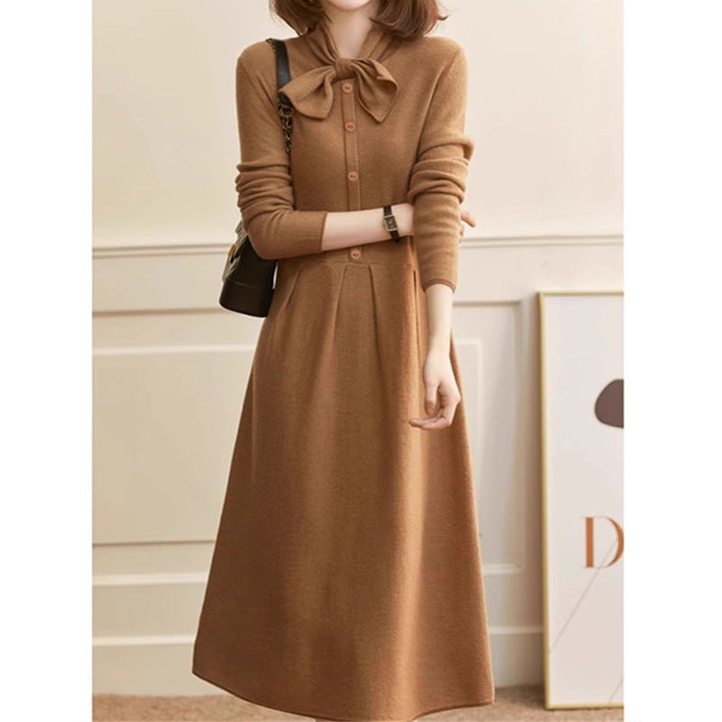 Damen Langarm Schleifen-Midi-Kleid WW