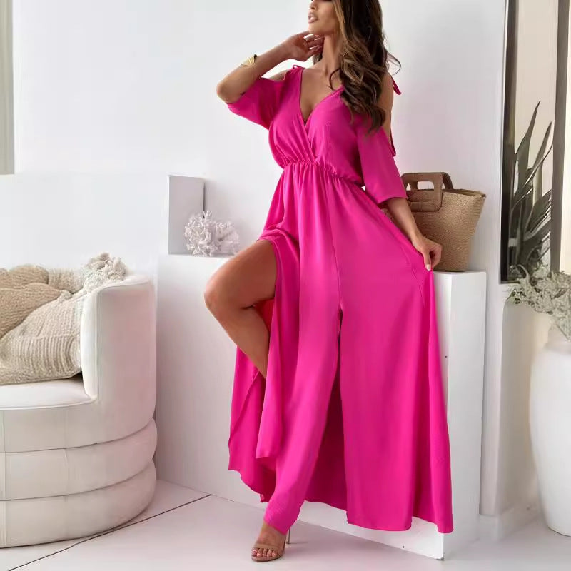 WW | Satin-Träger-Spitzen-V-Ausschnitt-Langes Kleid