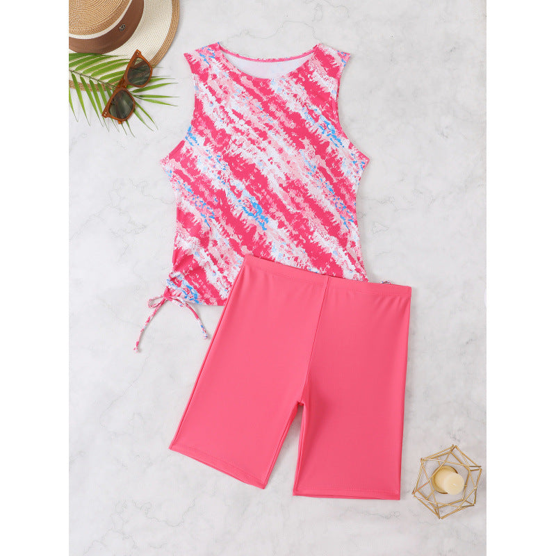 Damen Sportliches Tankini-Set mit modischem Wasserfarbmuster und bequemen Shorts WW