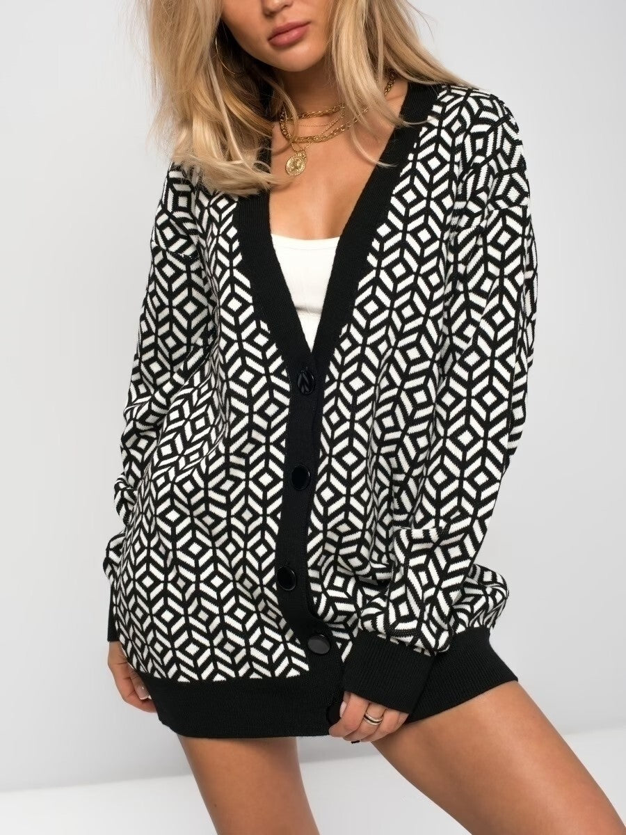 Damen Strick-Cardigan mit modernem geometrischen Muster und praktischen Taschen WW