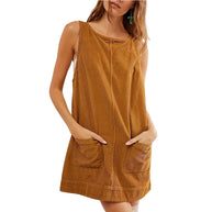 Damen lässiges Latzkleid mit praktischen Taschen und breiten Trägern WW