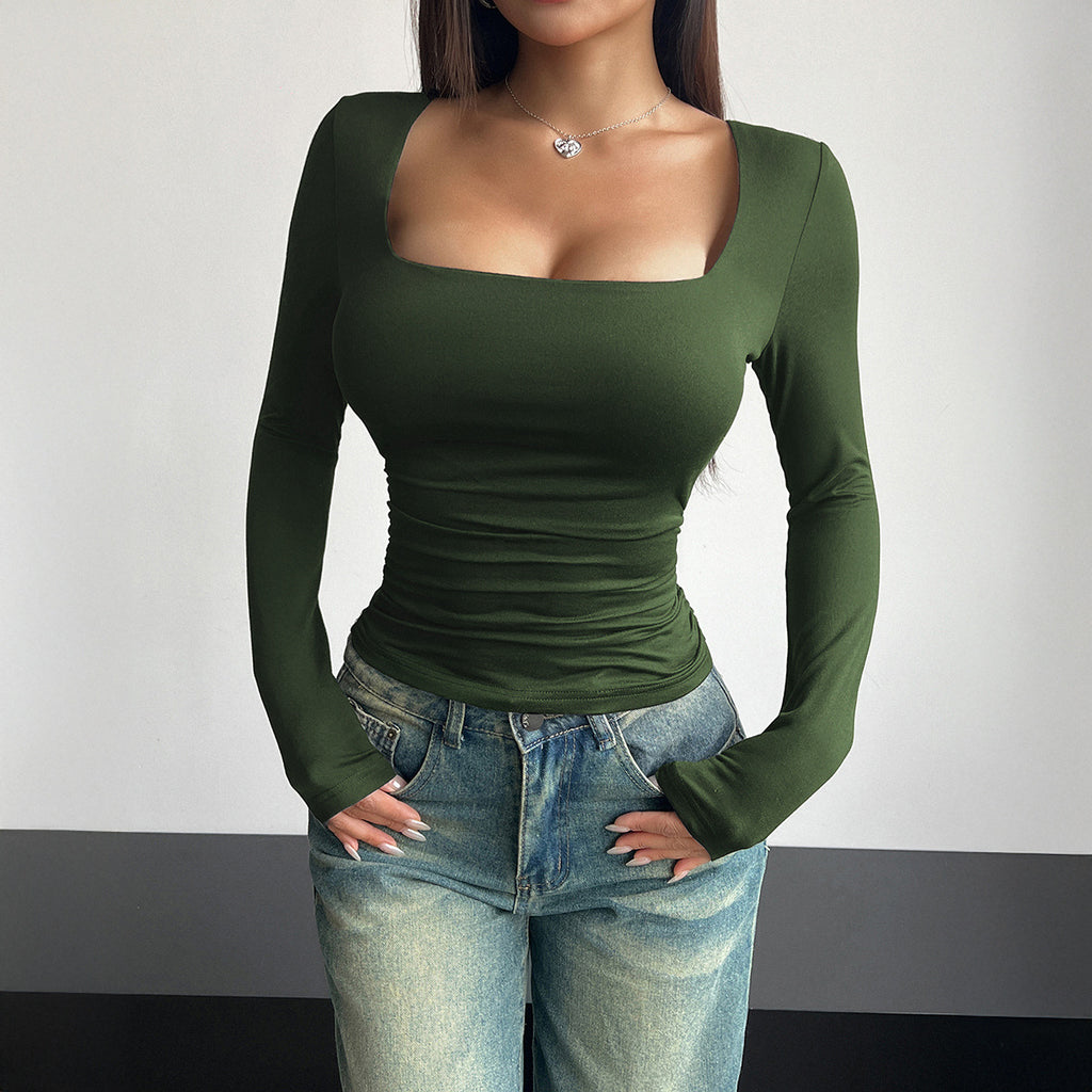 Damen figurbetontes Langarmshirt mit quadratischem Ausschnitt und Raffung WW