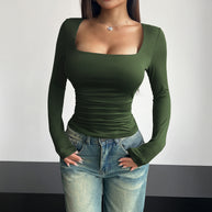 Damen figurbetontes Langarmshirt mit quadratischem Ausschnitt und Raffung WW