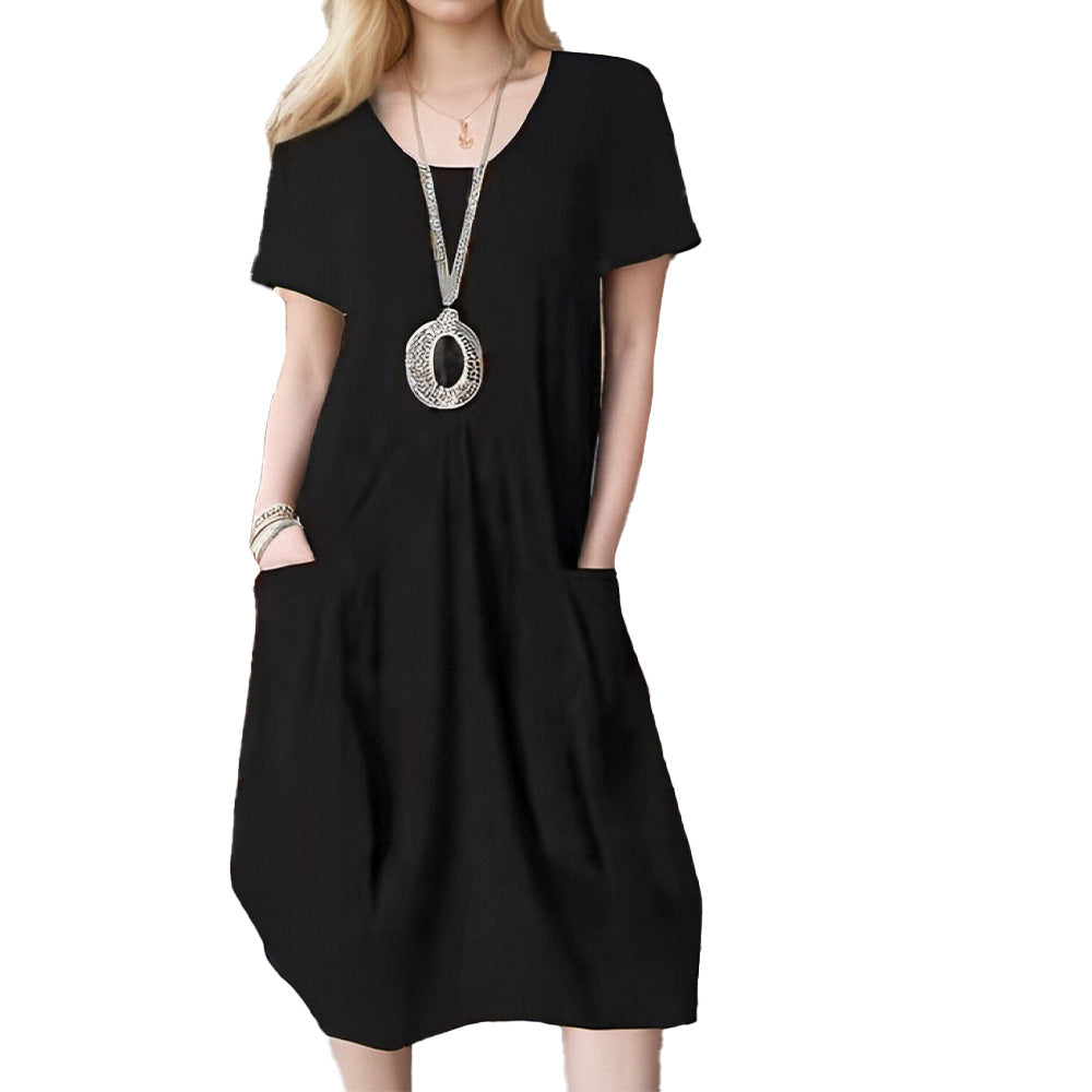 Damen lässiges Kurzarm-Kleid mit seitlichen Taschen und lockerem Schnitt W&W Mode