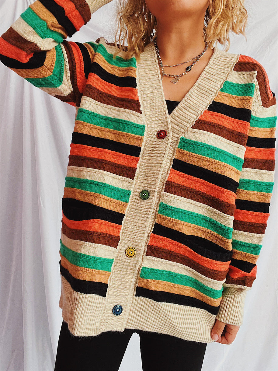 Damen Strickjacke mit buntem Streifenmuster und knöpfbarem Design WW