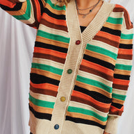 Damen Strickjacke mit buntem Streifenmuster und knöpfbarem Design WW
