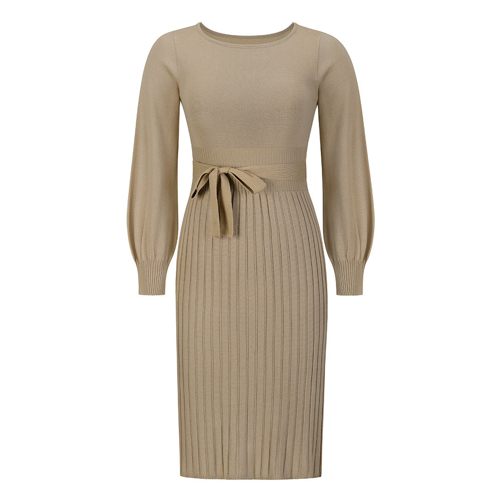 Damen Strickkleid mit taillierbarem Gürtel und langen Ärmeln W&W Mode