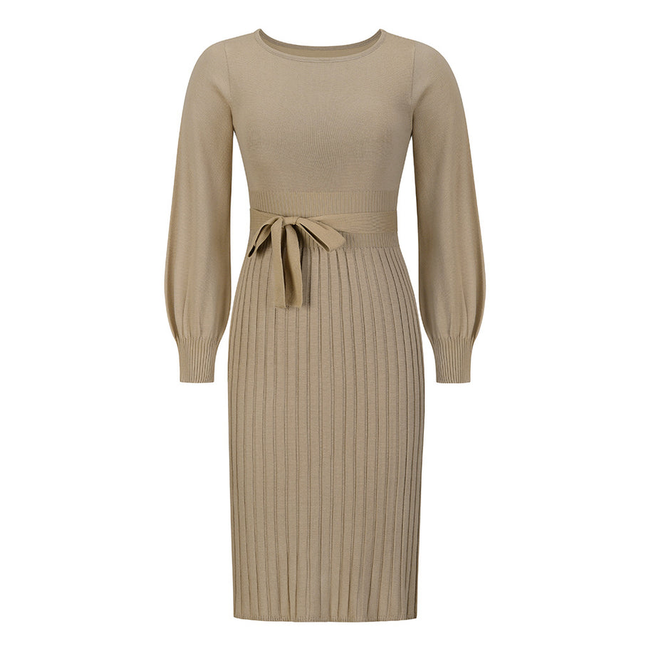 Damen Strickkleid mit taillierbarem Gürtel und langen Ärmeln WW
