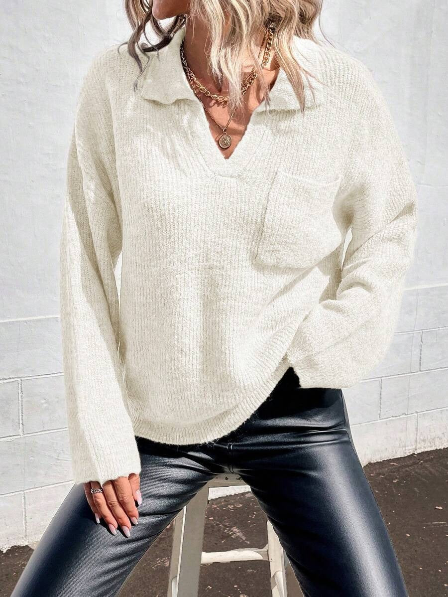 Damen Sportlicher Pullover mit modernem V-Ausschnitt und praktischer Brusttasche WW