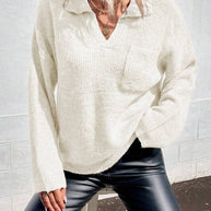 Damen Sportlicher Pullover mit modernem V-Ausschnitt und praktischer Brusttasche WW