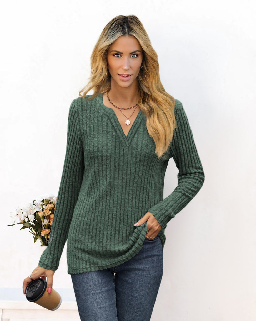Damen Langarmshirt mit modischem Rippdesign und V-Ausschnitt WW