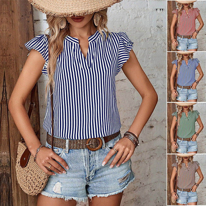 Damen Bluse mit Rüschendetails und Gestreiftem Muster W&W Mode