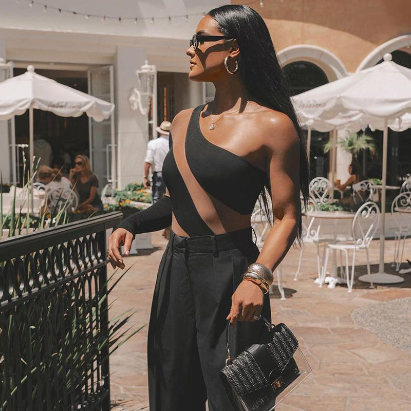 Damen Einseitiger Bodysuit mit transparenten Akzenten W&W