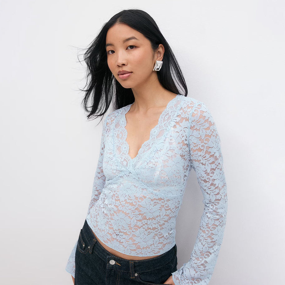 Damen Spitzenlangarm-Top mit V-Ausschnitt WW