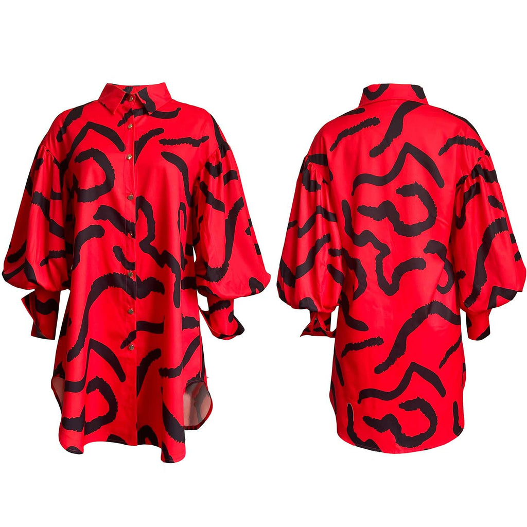Damen Oversize Blusenhemd mit voluminösen Ärmeln und buntem Muster WW