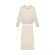 Damen Strickensemble mit detailverzierter Jacke und plissiertem Rock WW