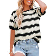 Damen lässiges Streifen T-Shirt mit Kurzarm und Rundhalsausschnitt WW