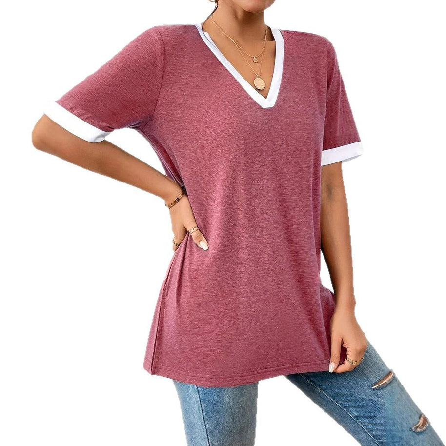 Damen V-Ausschnitt Shirt mit Kontrastärmeln und bequemer Passform WW