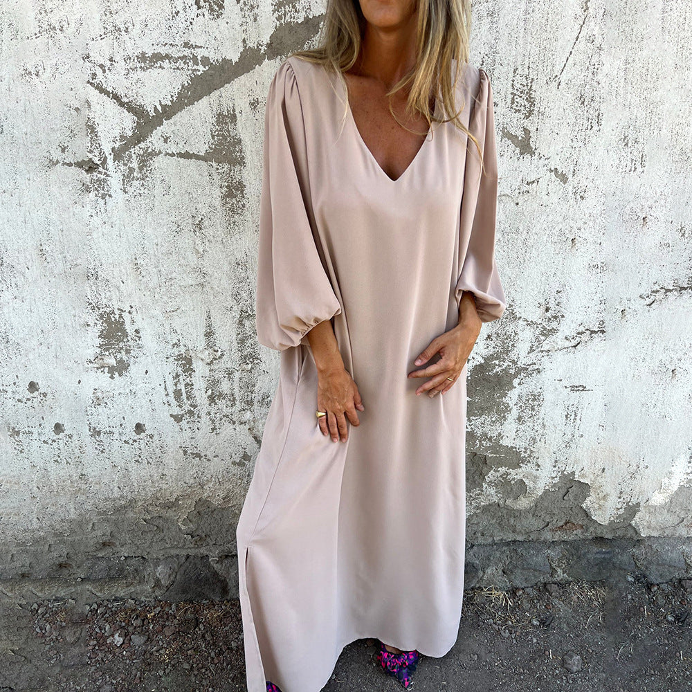 Damen Maxi-Kleid mit eleganten Puffärmeln und seitlichen Schlitzen WW