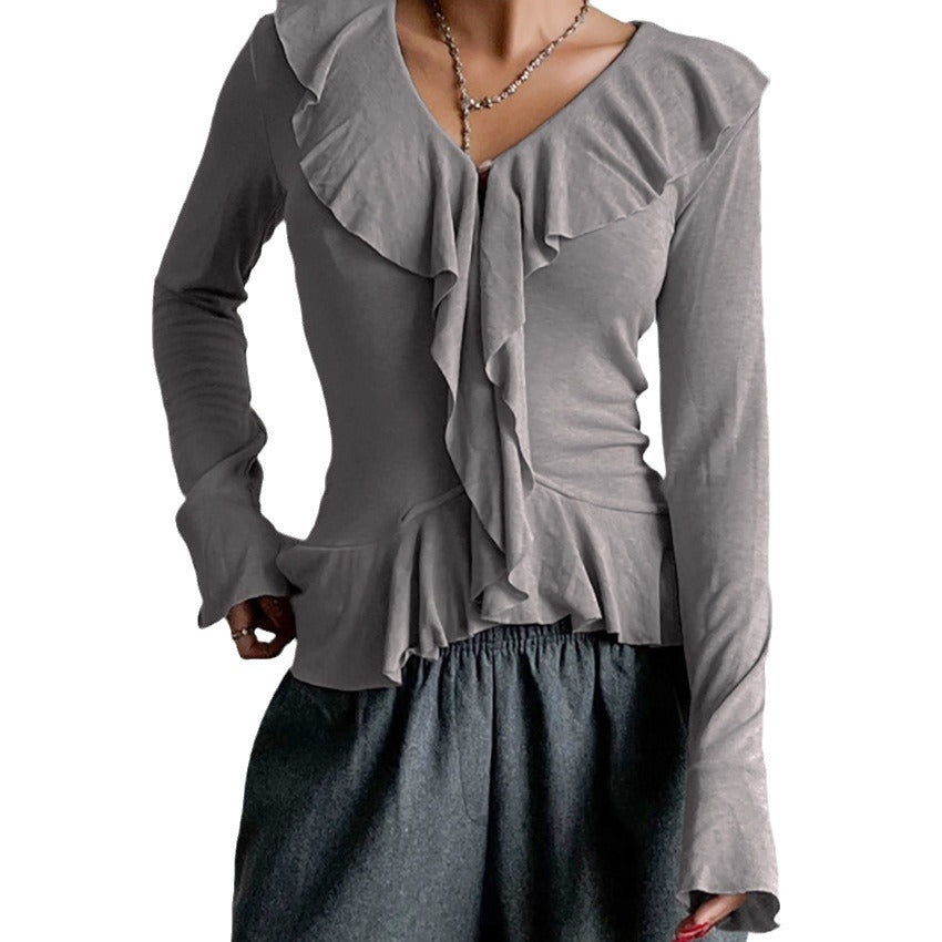 Damen Rüschenbluse mit verführerischem V-Ausschnitt und elastischem Saum WW
