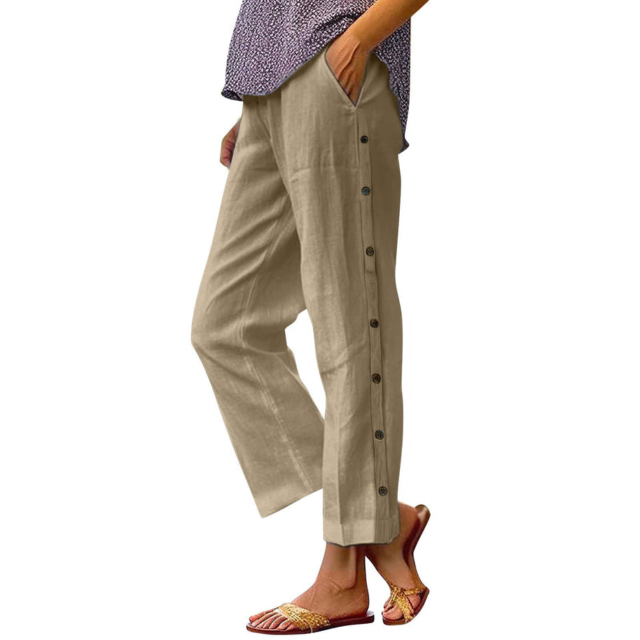 Damen Bequeme Leinenhose mit Knopfdetails WW