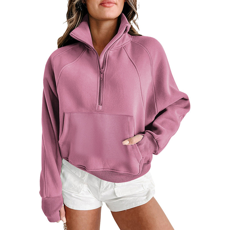Damen lässiger Pullover mit halbem Reißverschluss und praktischen Taschen WW