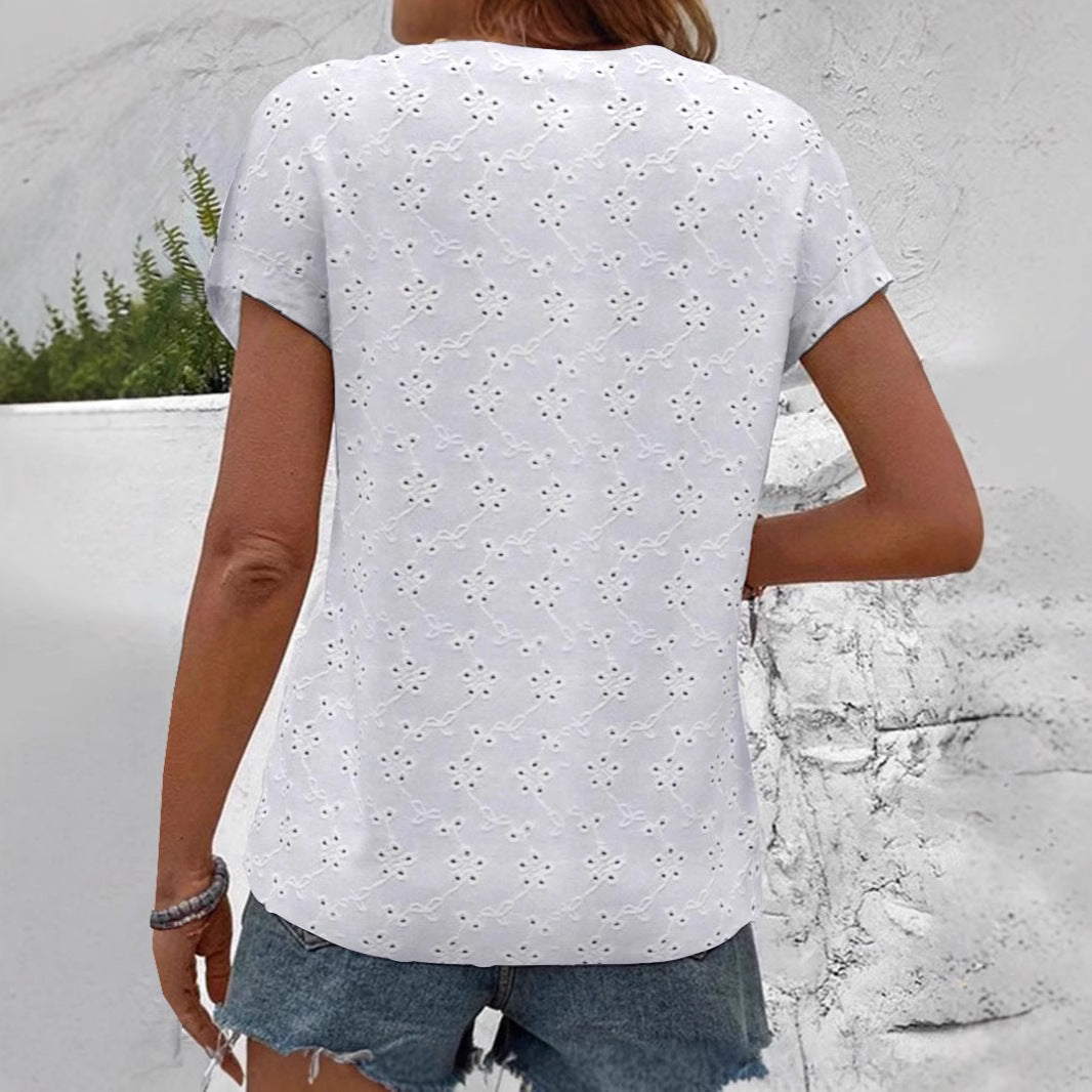 Damen luftige Bluse mit floralen Lochstickereien und durchgehender Knopfleiste WW