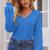 Damen Strickbluse mit feiner Rippstruktur und lässigem V-Ausschnitt WW