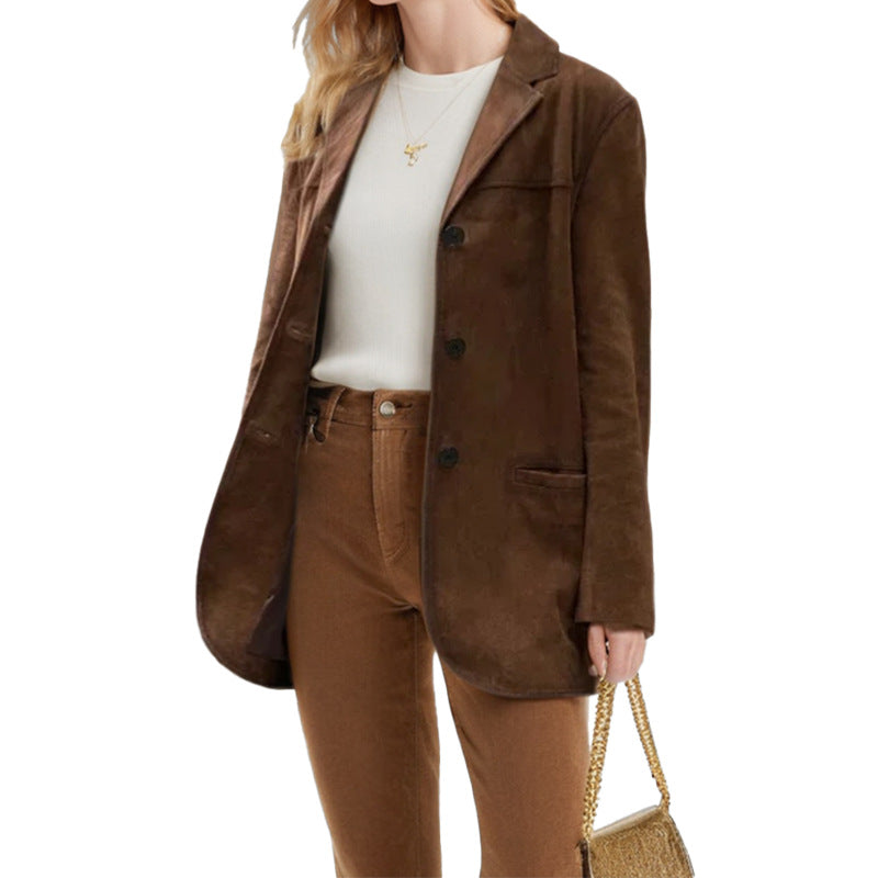 Damen Eleganter Blazer aus weichem Wildlederimitat mit schmalem Schnitt W&W Mode