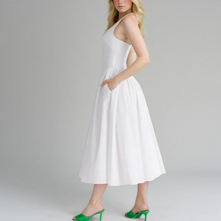 Damen Maxikleid mit tiefem V-Ausschnitt und fließendem Rock W&W Mode