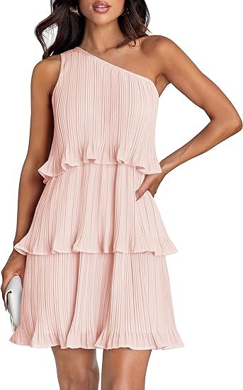 Damen asymmetrisches Plisseekleid mit Rüschendetails und eleganter A-Linie WW
