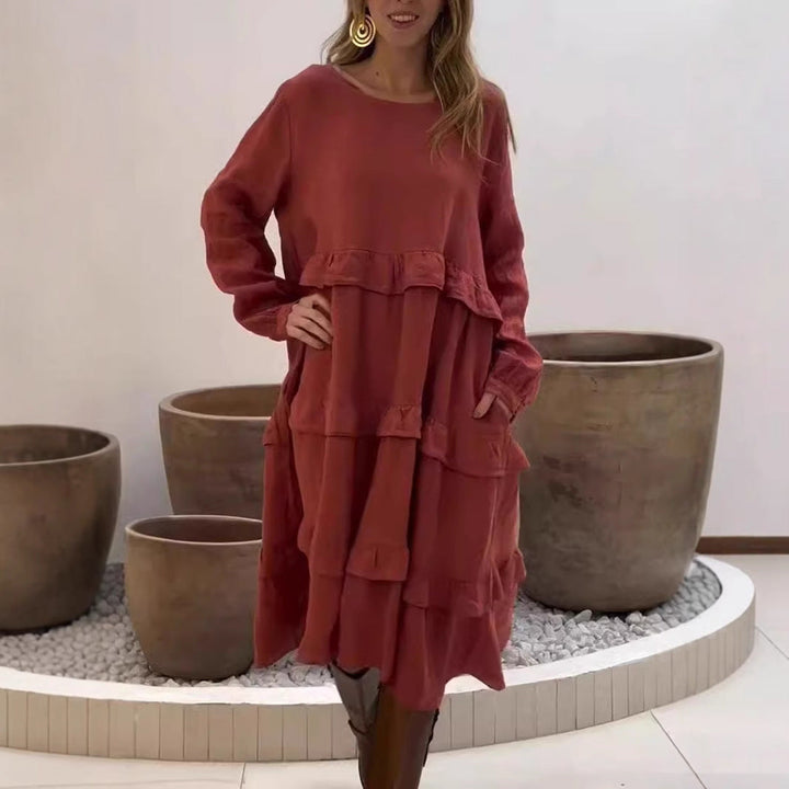 W&W Mode | Rüschengerundhalslangärmeliges Kleid