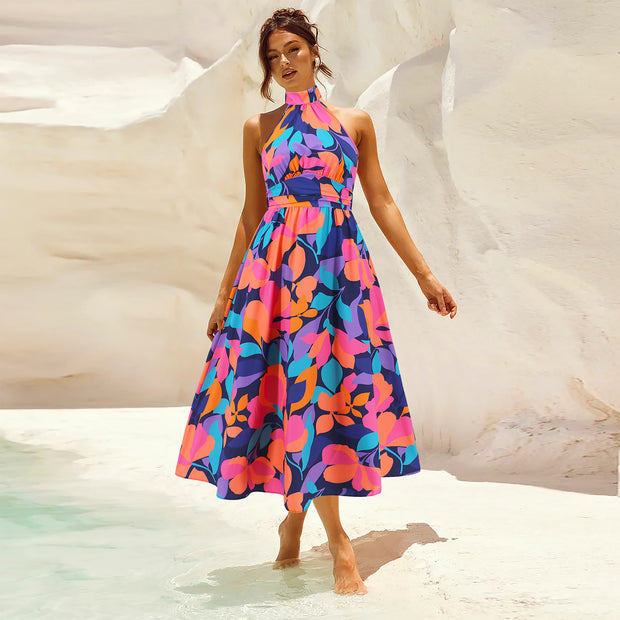 Damen Maxikleid mit hochgeschlossenem Kragen und buntem Blätterdruck WW