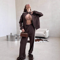 Damen sportliches Fleece-Anzug-Set mit mittellangem Reißverschluss und seitlichen Taschen WW