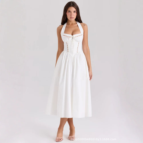 Damen Sommerkleid mit verstellbaren Trägern und floralen Applikationen WW