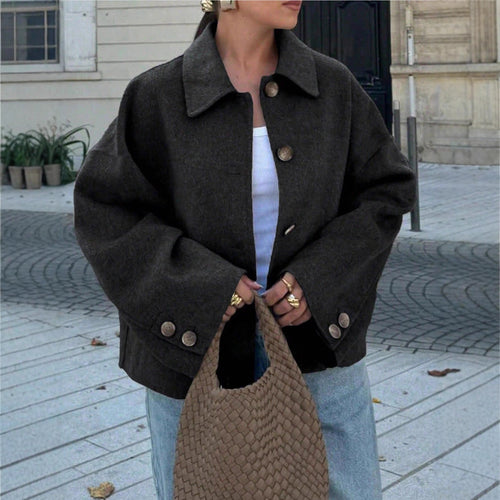 Damen schicke Blousonjacke aus weichem Stoff mit Knopfverschluss und Taschen WW