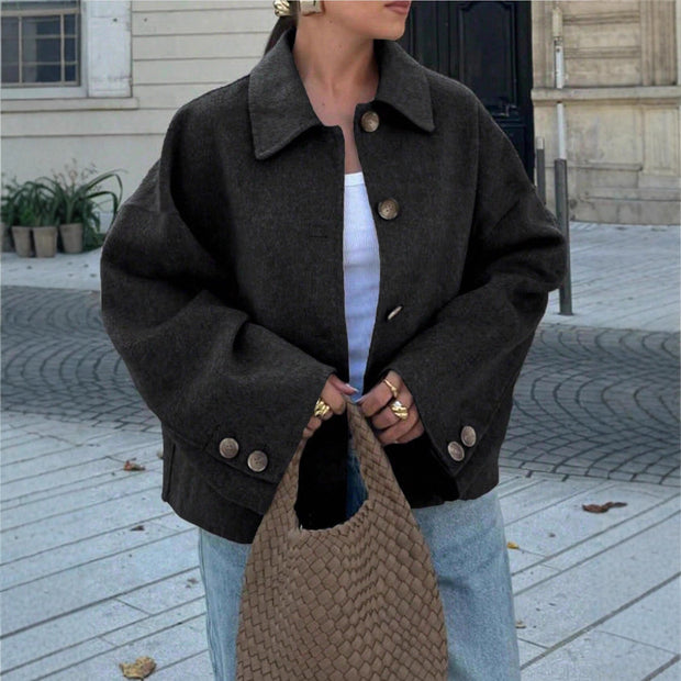 Damen schicke Blousonjacke aus weichem Stoff mit Knopfverschluss und Taschen WW