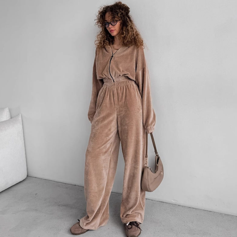 Damen sportlicher Fleece-Overall mit hohem Kragen und elastischem Bund WW