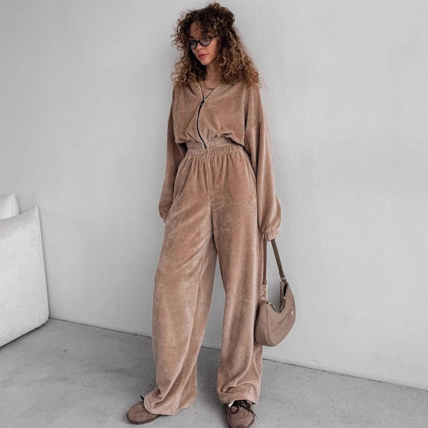 Damen sportlicher Fleece-Overall mit hohem Kragen und elastischem Bund WW