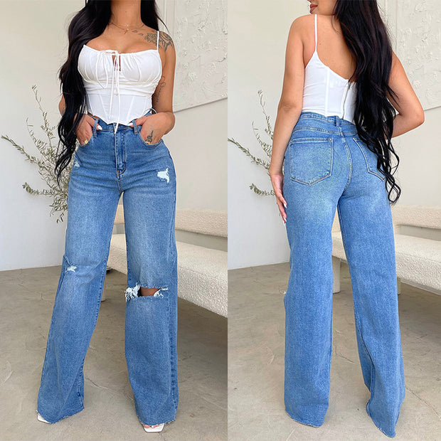 Damen weite High-Waist Jeans mit destroyed Effekten WW