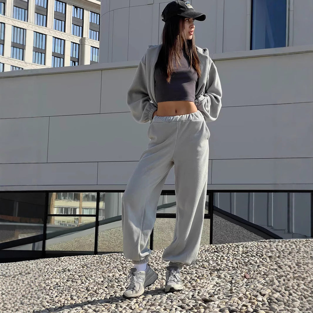 Damen sportlicher Fleece-Loungewear-Anzug mit hohem Kragen WW