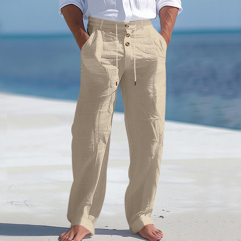 Herren lässige Leinenhose mit hohem Bund und bequemen Taschen WW