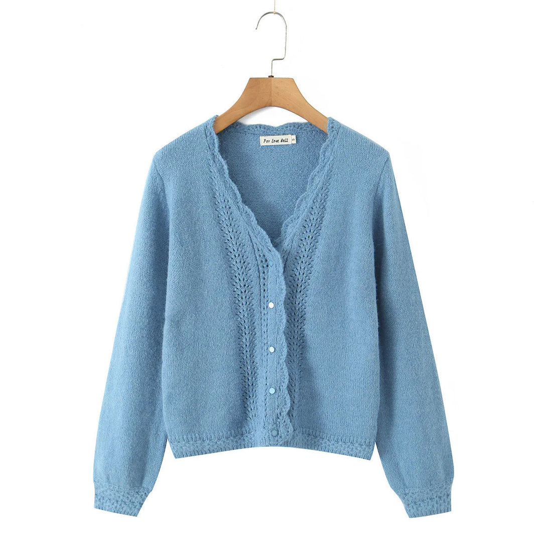 Damen elegante Strickjacke mit tiefem V-Ausschnitt und zarten Knöpfen W&W Mode