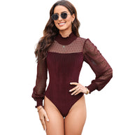 Damen Bodysuit mit transparenten Ärmeln und geripptem Design WW