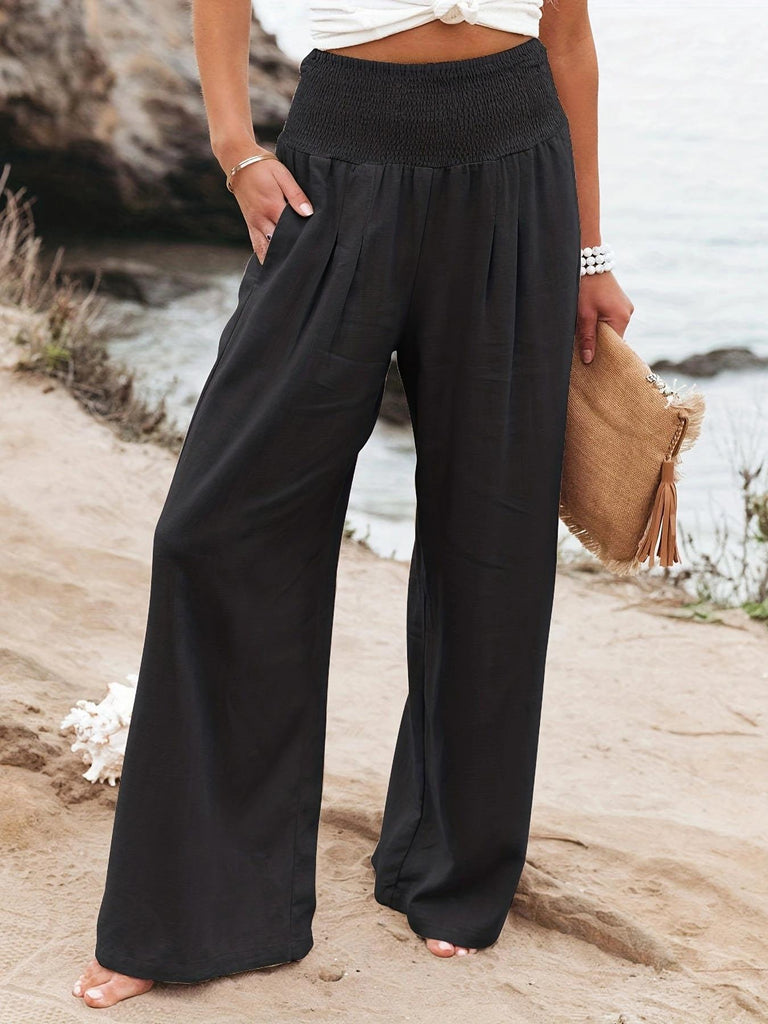 Damen Weite Leinenhose mit elastischem Bund und praktischen Taschen WW