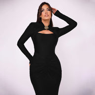 Damen Schulterfreies Kleid mit Raffungen und langem Arm WW