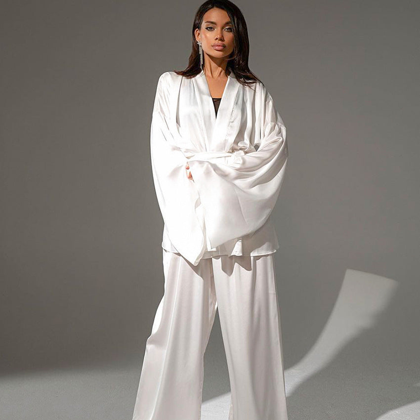 Damen satinierter Kimono-Style Morgenmantel und Hose Set WW
