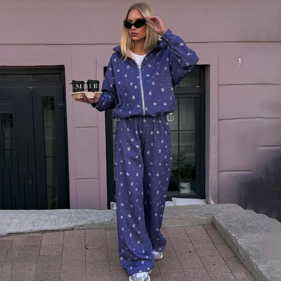 Damen Sportlicher Freizeitanzug mit floralem Muster und hohem Kragen WW