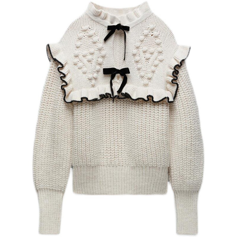 Damen Strickpullover mit Rüschenkragen und dekorativen Schleifen WW