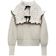 Damen Strickpullover mit Rüschenkragen und dekorativen Schleifen WW